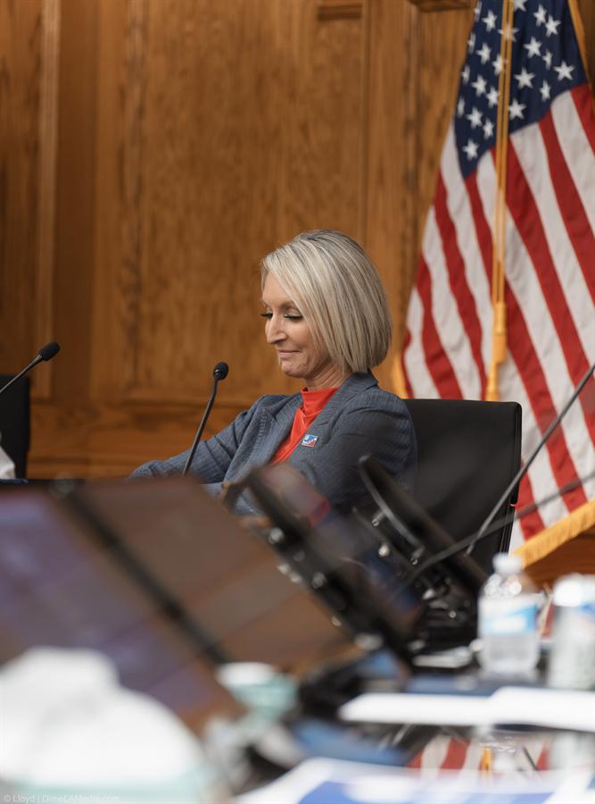 Christine Erickson seated at the dais for the first time as Mayor of Sioux Falls, photographed by Lloyd Duimstra