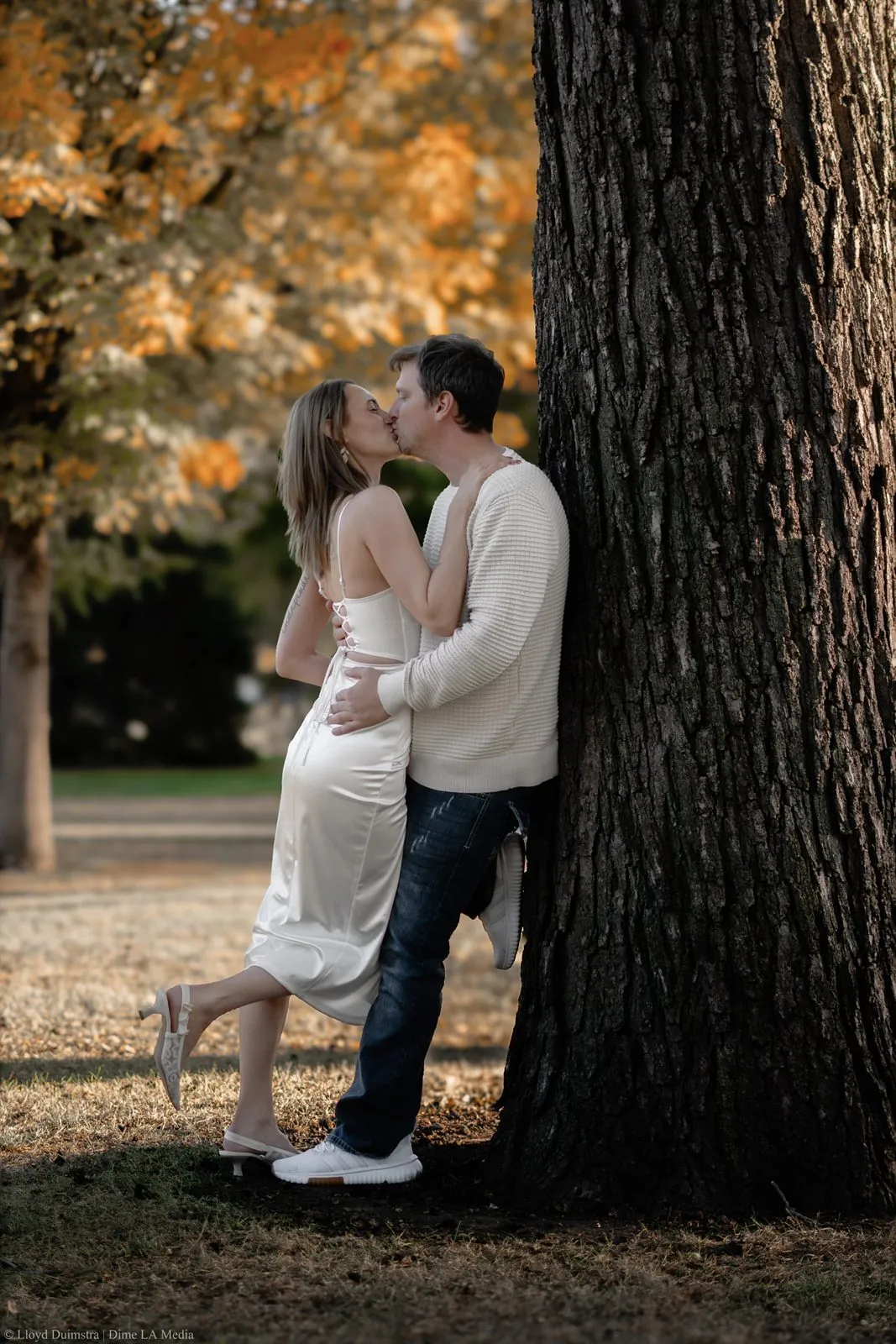 Couple kissing beside a large tree trunk framed by fall leaves
