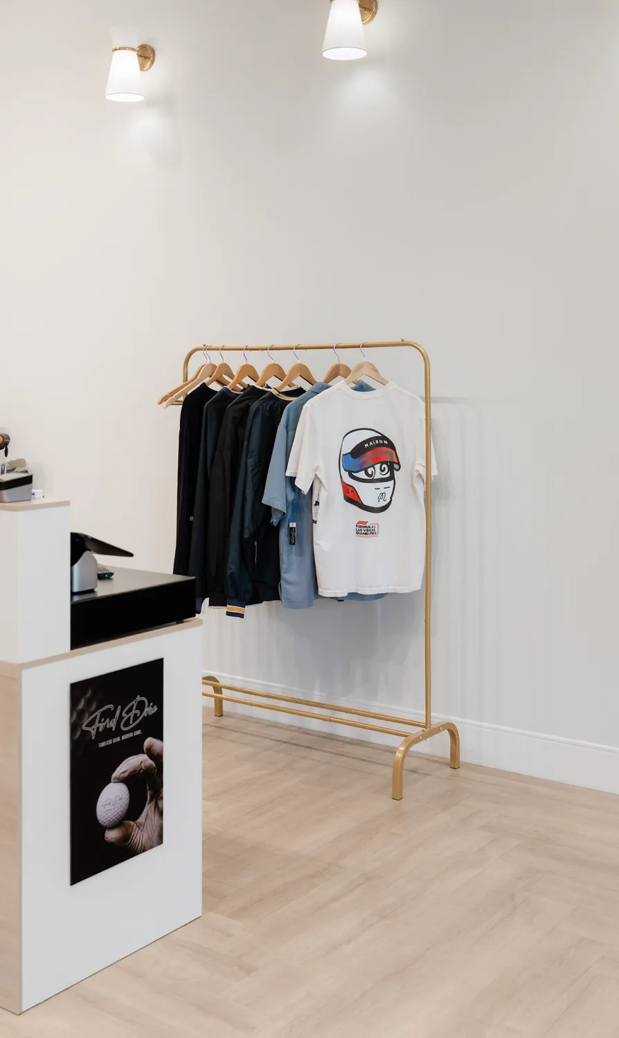 Apparel rack and counter styling at Final Drive