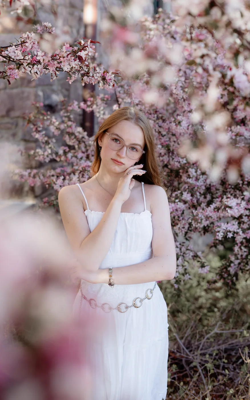 Senior portrait in spring crabapple blossoms, Sioux Falls SD