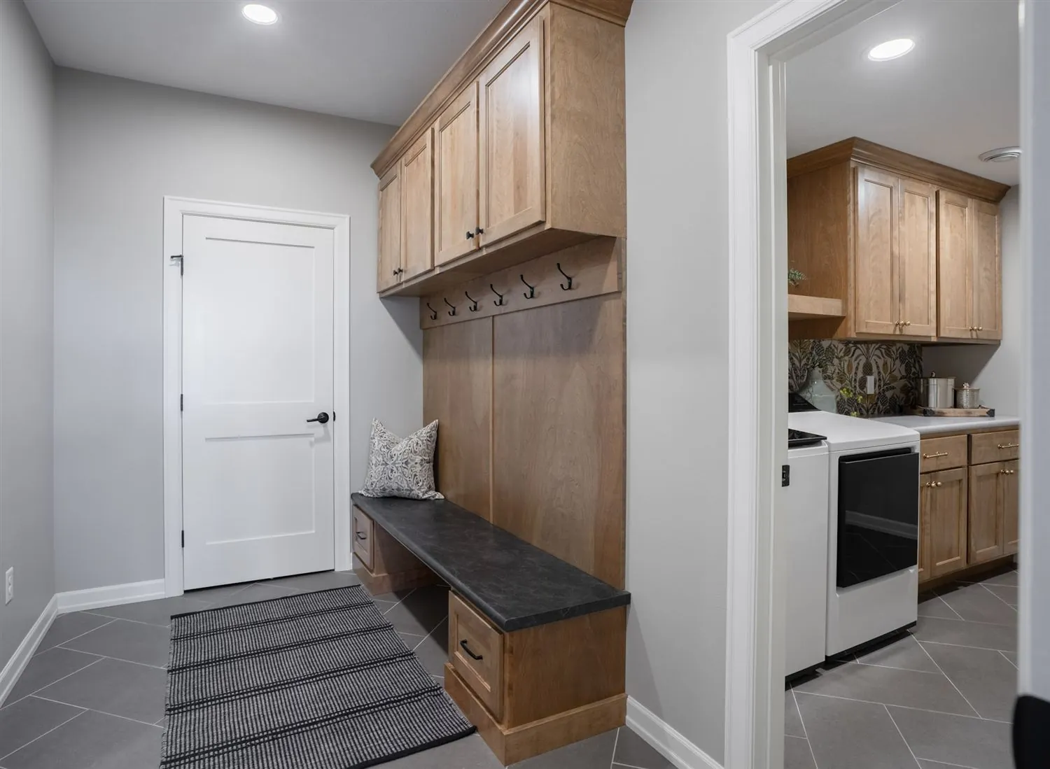 Mudroom with built-in lockers and bench, real estate photography Sioux Falls SD